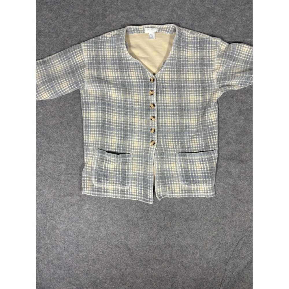 Express‎ Tricot Vintage Mens Medium Plaid Cardigan Sweater Cotton Blue Cream M